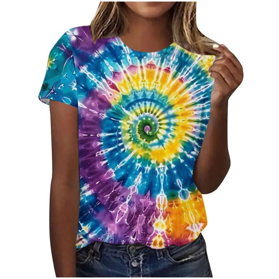 Weikingp Women's Blouses Women Graphic Tees Cute Tie Dye Cat Shirts for Women Tops Plus Size Crewneck Short Sleeve Tshirts 2025 Trendy Color Block Blouses Cooling Shirts for Women Pink S