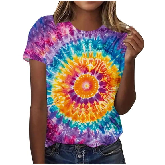 Weikingp Women's Blouses Women Graphic Tees Cute Tie Dye Cat Shirts for Women Tops Plus Size Crewneck Short Sleeve Tshirts 2025 Trendy Color Block Blouses Cooling Shirts for Women Red 2XL