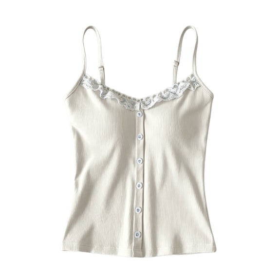 Weikingp Women's Ribbed Lace Square Neck Button Cami Tank Top Basic Layering Sleeveless Shirt Beige