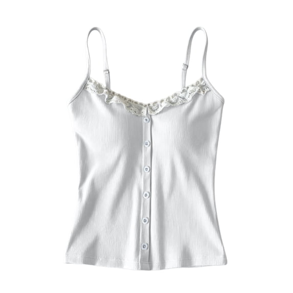 Weikingp Women's Ribbed Lace Square Neck Button Cami Tank Top Basic Layering Sleeveless Shirt White