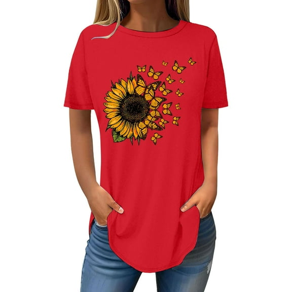 Weikingp Women's Summer Tops Women Graphic Tees Short Sleeve Womens Tops 2025 Spring Neck Casual Print Tunic T Shirts Womens Tops Half Sleeve T Shirts for Women Red S