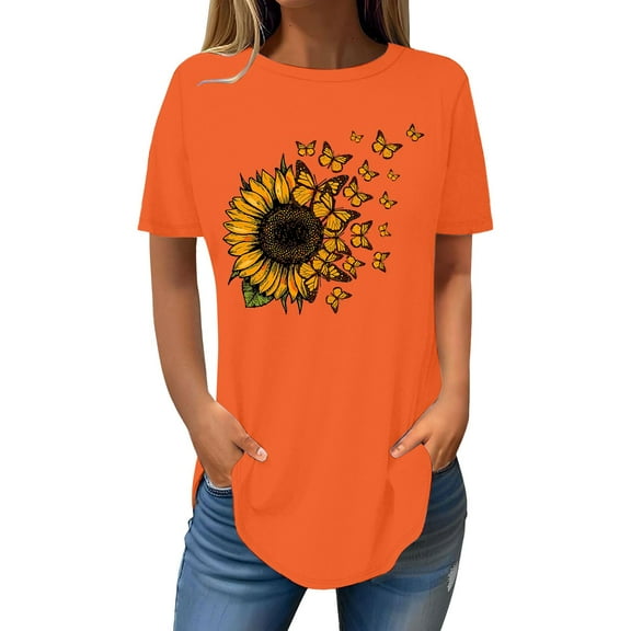 Weikingp Women's Summer Tops Women Graphic Tees Short Sleeve Womens Tops 2025 Spring Neck Casual Print Tunic T Shirts Womens Tops Half Sleeve T Shirts for Women Orange XL