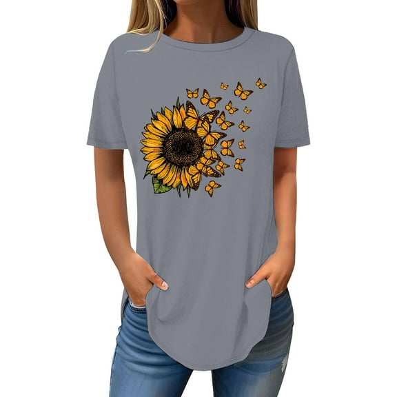Weikingp Women's Summer Tops Women Graphic Tees Short Sleeve Womens Tops 2025 Spring Neck Casual Print Tunic T Shirts Womens Tops Half Sleeve T Shirts for Women Gray S