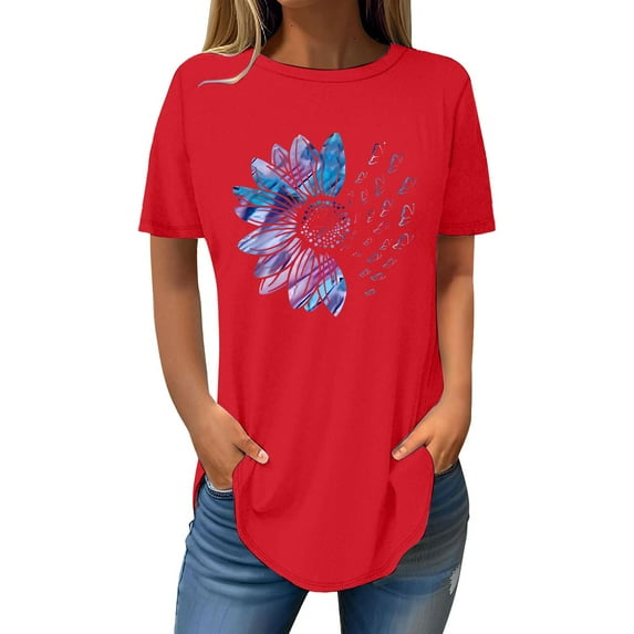 Weikingp Women's Summer Tops Women's Blouses Short Sleeve Womens Tops 2025 Spring Neck Casual Print Tunic T Shirts Womens Tops Half Sleeve T Shirts for Women Red XL