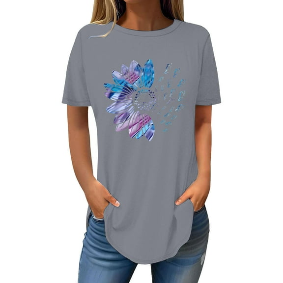 Weikingp Women's Summer Tops Women's Blouses Short Sleeve Womens Tops 2025 Spring Neck Casual Print Tunic T Shirts Womens Tops Half Sleeve T Shirts for Women Gray M
