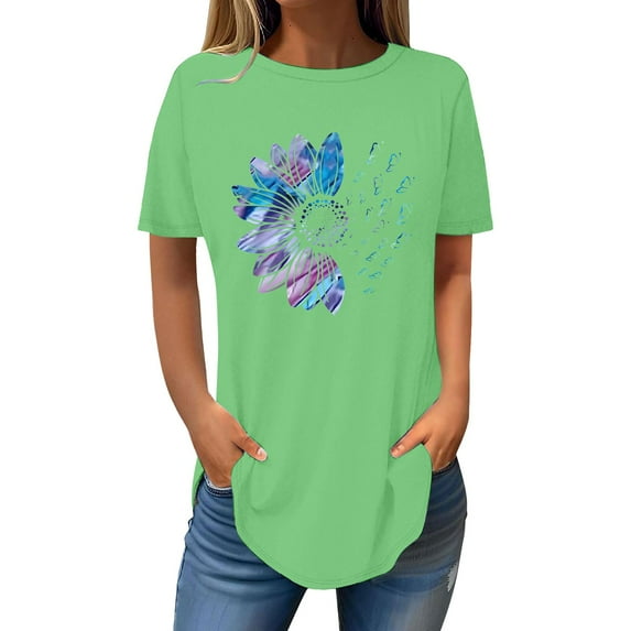 Weikingp Women's Summer Tops Women's Blouses Short Sleeve Womens Tops 2025 Spring Neck Casual Print Tunic T Shirts Womens Tops Half Sleeve T Shirts for Women Green L