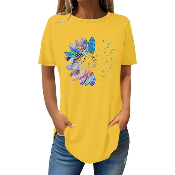 Weikingp Women's Summer Tops Women's Blouses Short Sleeve Womens Tops 2025 Spring Neck Casual Print Tunic T Shirts Womens Tops Half Sleeve T Shirts for Women Yellow M