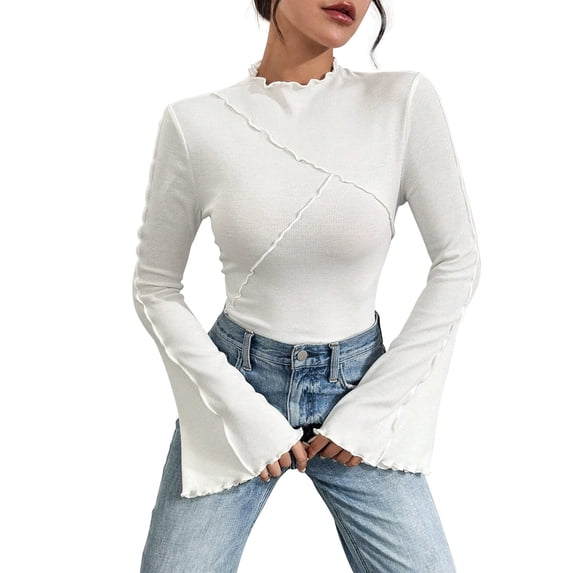 Weikingp Womens Bell Sleeve Tops,Cowl Neck Tops for Women Long Sleeve Shirts for Women Oversized Workout Shirts for Women Smocked Tops Women Workout Tops for Women White XL