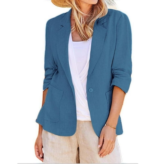 Weikingp Womens Blazer, Lightweight for Women Business Casual Linen Jackets Plus Size Work One ButTon Suit Jackets with Pocket Blazers for Women Business Casual Blazers for Women Blue L