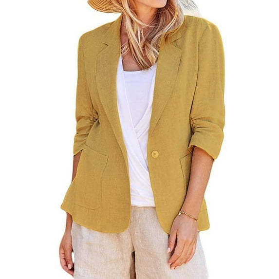 Weikingp Womens Blazer, Lightweight for Women Business Casual Linen Jackets Plus Size Work One ButTon Suit Jackets with Pocket Blazers for Women Business Casual Blazers for Women Yellow 3Xl