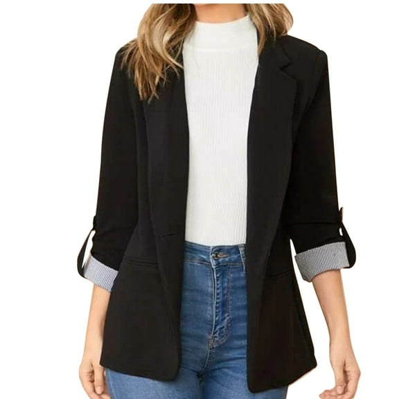 Weikingp Womens Blazer, Women'S Solid Colour Lapel Pocket Suit Jacket Blazers for Women Business Casual Blazers for Women Clearance Black L