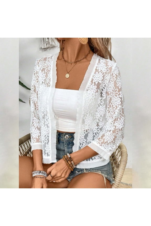 Womens Cardigan, Women'S Autumn Patterned Lace Hollow Lace Solid Color Nine Quarter Sleeved Cardigan Fall Clothes for Women 2024 Lace Tops for Women White Xl