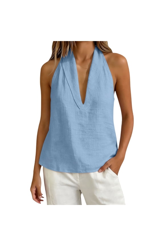 Womens Halter Tank Top Plus Size Linen Tops Flowy Tank Tops V Neck Tank Tops Linen Tank Tops for Women Linen Summer Blouses Cute Tank Tops Linen Tops for Women Linen Shirts Blue S