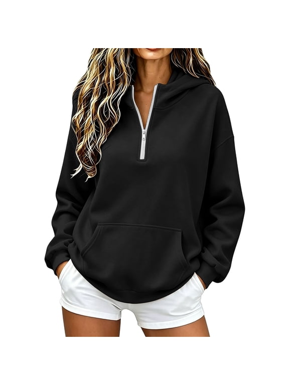 Weikingp Womens Hoodies Half Zip Up Fall Fashion Must Haves 3/4 Zip Pullover Womens Football Sweatshirt Mom Sweatshirt Summer Hoodies Lightweight Hoodie Cute Hoodies Black M