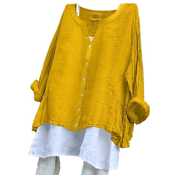 Weikingp Womens Oversized Tee Shirts Linen Tops For Women Summer Linen Shirts For Women Women's V Neck Printed Long Sleeved Japanese Casual Button Top Made Of Cotton And Linen