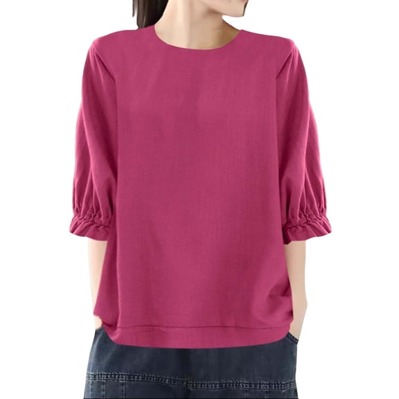 Weikingp Womens T Shirts Loose Fit Plus Size Shirts Womens Summer Shirts Loose Fit Women's Loose Round Neck Large Size Five Point Sleeve Top