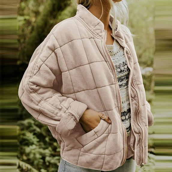 Weikingp Womens Tops, Winter Coats for Women Warm Coat Loose Plain Quilted Coat Stand Collar Zip Up Jacket Outerwear with Pocket Fall Fashion for Women 2024 Suede Jacket Women Khaki M