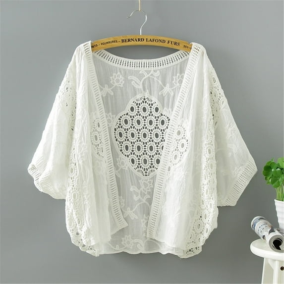 Weikingp Womens Tops, Women's Embroidered Hollow Art Thin Top Cotton Short Bat Sleeve Cardigan Cardigan Sweaters for Women Shackets for Women 2024 White One Size