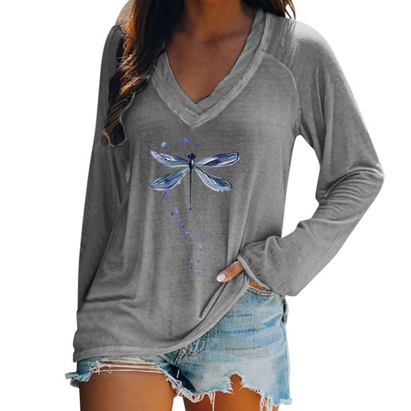 Weikingp Womens Tshirts Graphic Long Sleeve V Neck Top Cooling Shirts for Women's T Shirt Blend Printed Casual Tops for Women Gray L