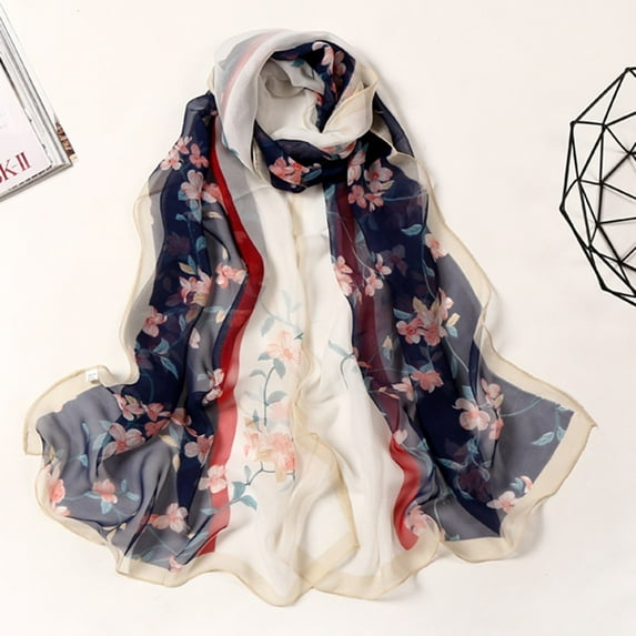 Weikingp scarf for women,160*50cm Women Flower Print Long Soft Wrap Scarf Simulation Silk Shawl Scarves scarf for women winter winter accessories Clearance Navy One Size