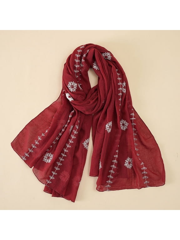 Scarf for Women, Scarf Linen Women Cotton Long Embroidered Fashion Plain And Thin Scarf, Red