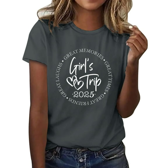 WeikingpWomens Tshirts Graphic Summer Tops Girl's Trip 2025 T Shirt Women's Fashion Round Neck Casual Short Sleeves Casual Tops for Women Gray L