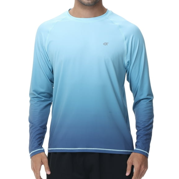 Weilanxin Long Sleeve Swim Shirts for Men Sun Protection Shirt Running Rashguard UPF 50  UV Swimwear Athletic Workout Moon Blue Gradient Gray Blue Size L