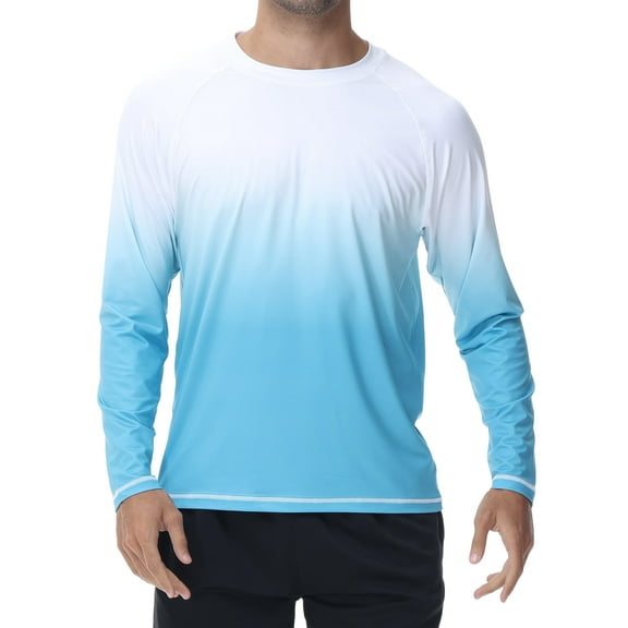 Weilanxin Long Sleeve Swim Shirts for Men Sun Protection Shirt Running Rashguard UPF 50  UV Swimwear Athletic Workout White Gradient Sky Blue Size L