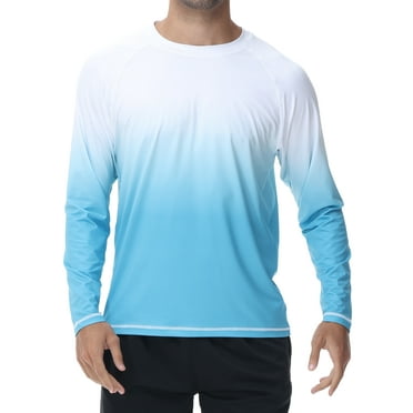 Weilanxin Long Sleeve Swim Shirts for Men Sun Protection Shirt Running Rashguard UPF 50  UV Swimwear Athletic Workout White Gradient Sky Blue Size L