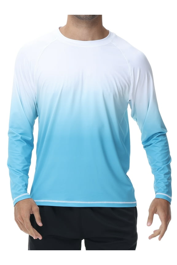 Long Sleeve Swim Shirts for Men Sun Protection Shirt Running Rashguard UPF 50+ UV Swimwear Athletic Workout White Gradient Sky Blue Size S