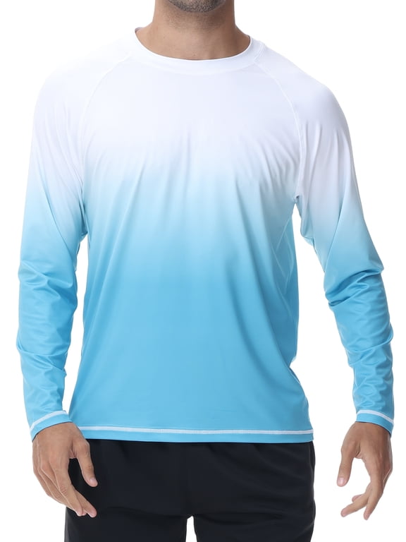 Long Sleeve Swim Shirts for Men Sun Protection Shirt Running Rashguard UPF 50+ UV Swimwear Athletic Workout White Gradient Sky Blue Size XL