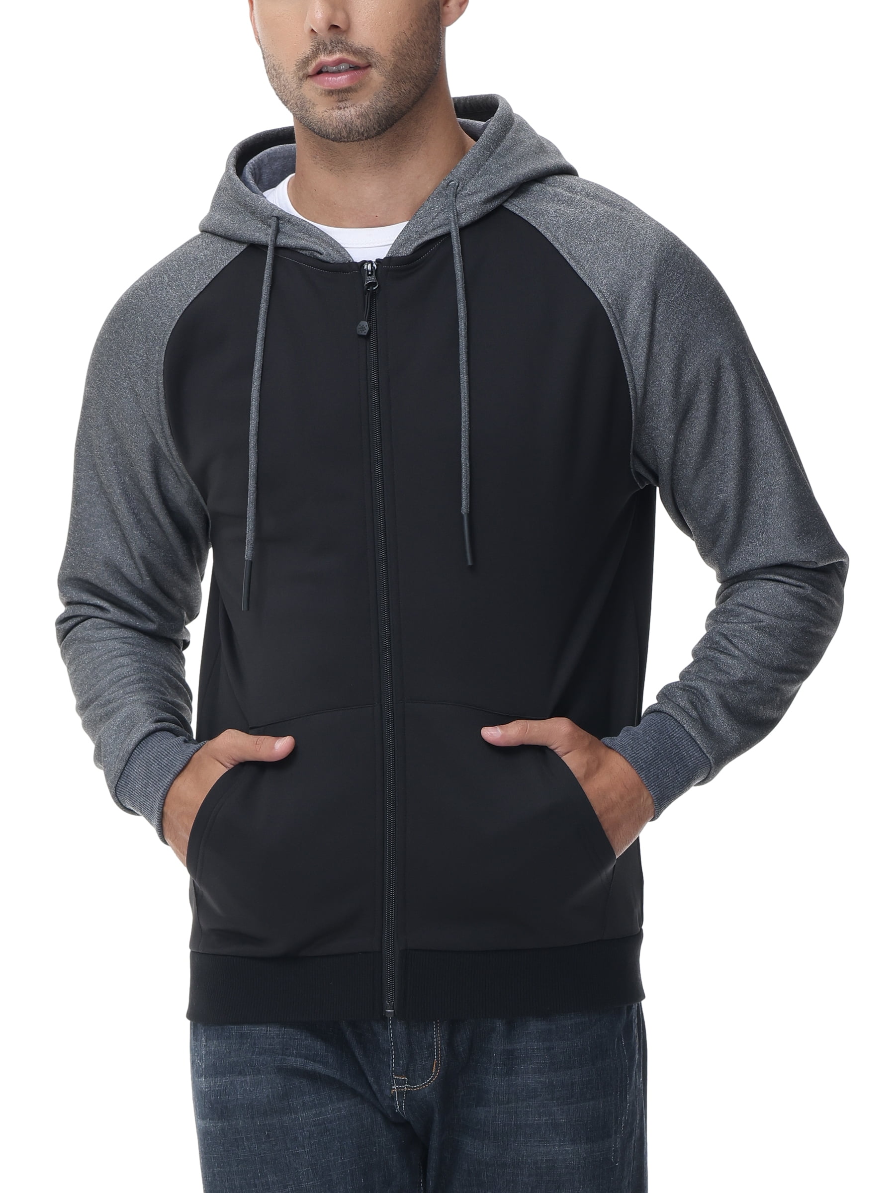 Weilanxin Men's Color Block Pullover Fleece Hoodie Casual Hooded Sweatshirts Tops Full Zip Jacket with Pocket Athletic Hoodies For Men Dark Grey Contrast Black M