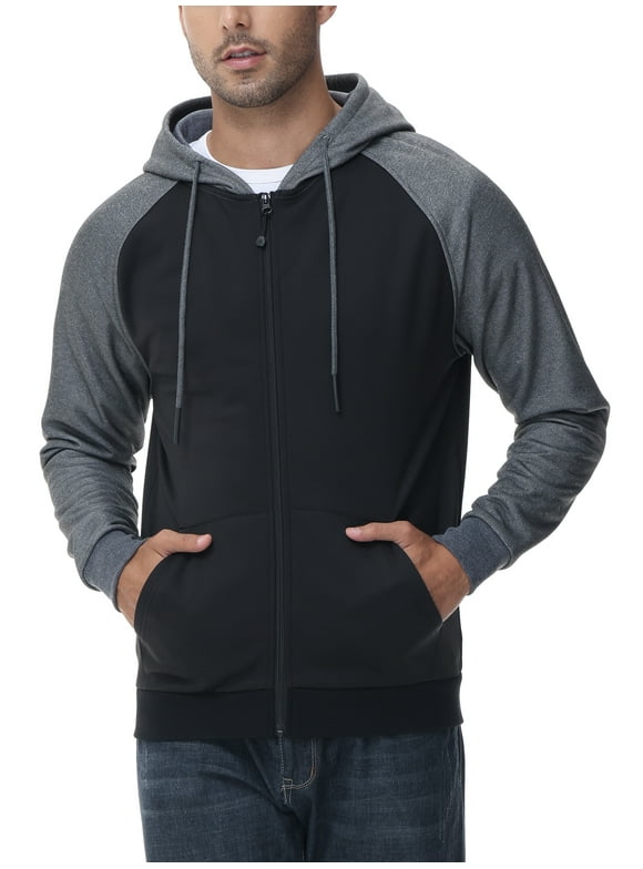 Men's Color Block Pullover Fleece Hoodie Casual Hooded Sweatshirts Tops Full Zip Jacket with Pocket Athletic Hoodies For Men Dark Grey Contrast Black L