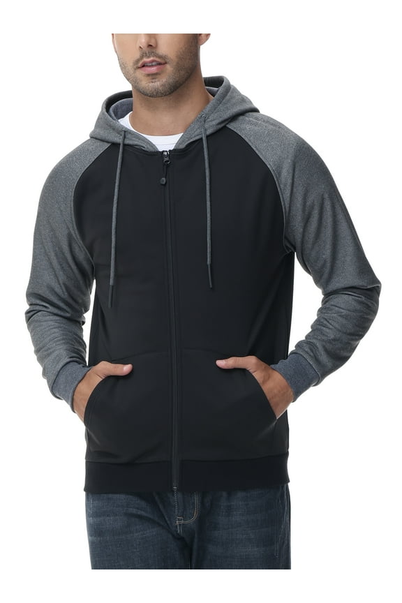 Men's Color Block Pullover Fleece Hoodie Casual Hooded Sweatshirts Tops Full Zip Jacket with Pocket Athletic Hoodies For Men Dark Grey Contrast Black L