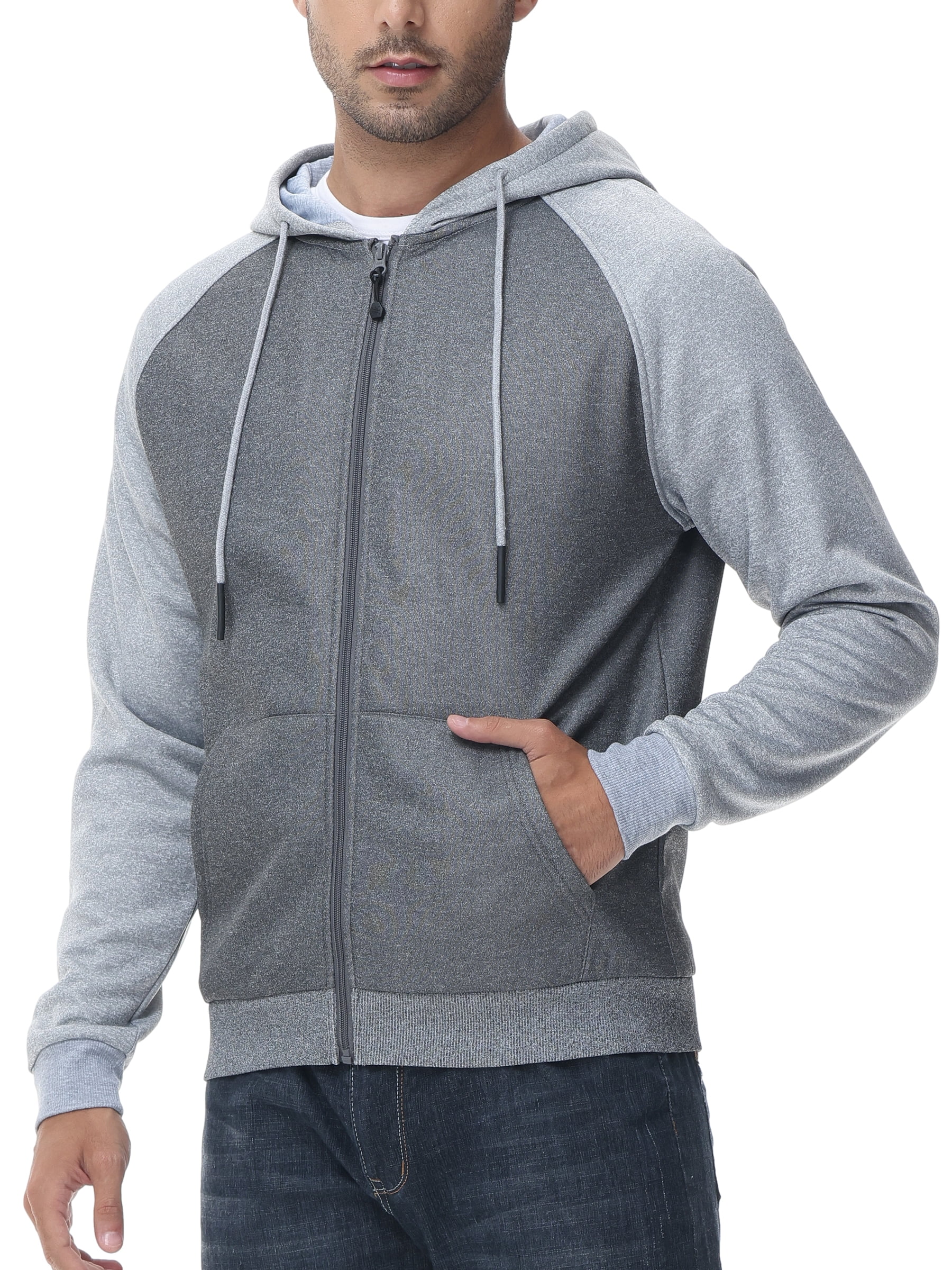 Weilanxin Men's Color Block Pullover Fleece Hoodie Casual Hooded Sweatshirts Tops Full Zip Jacket with Pocket Athletic Hoodies For Men Light Grey Contrast Dark Grey M