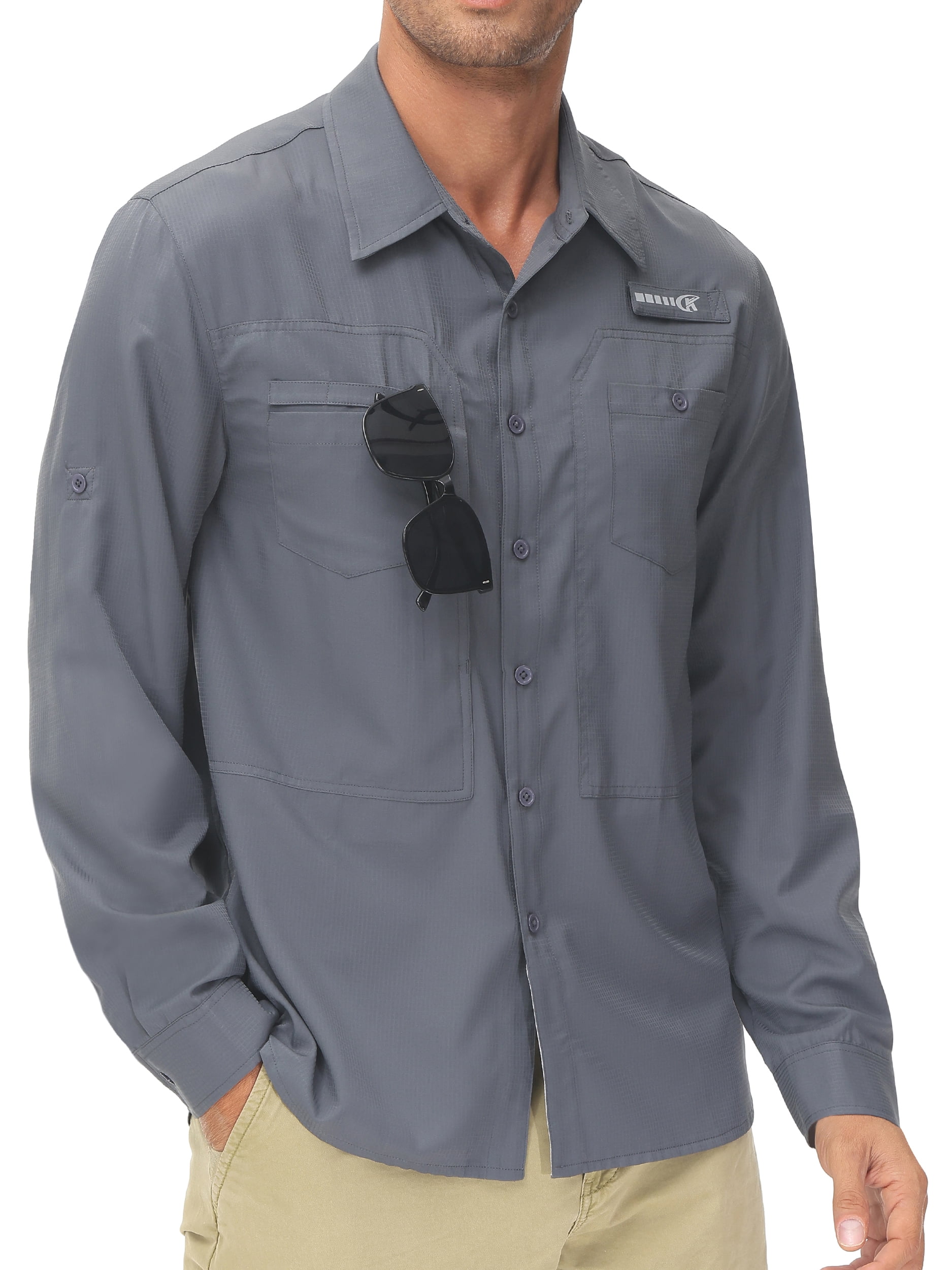 WEILANXIN Store Weilanxin Men's Sun Protection Fishing Shirts Long Sleeve Travel Work Shirts for Men UPF50+ Button UP Shirts with Zipper Pockets Dark Grey 2XL