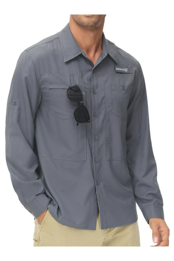 Men's Sun Protection Fishing Shirts Long Sleeve Travel Work Shirts for Men UPF50+ Button UP Shirts with Zipper Pockets Dark Grey XL