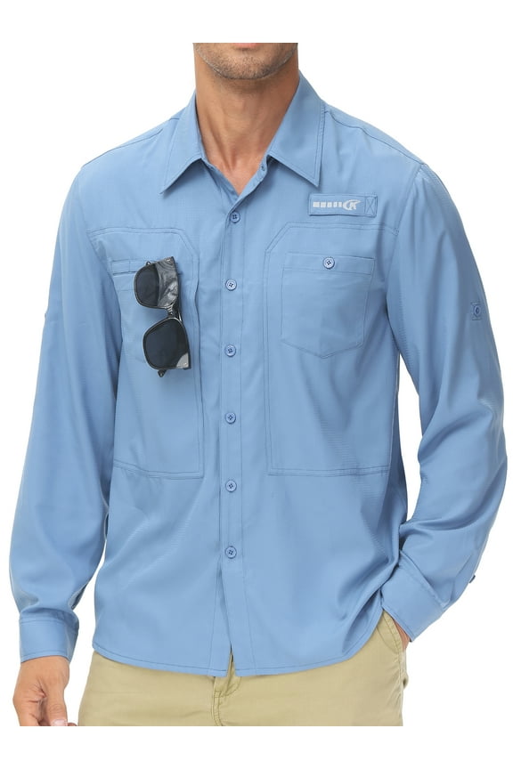 Weilanxin Men's Sun Protection Fishing Shirts Long Sleeve Travel Work Shirts for Men UPF50+ Button UP Shirts with Zipper Pockets Mist Blue L