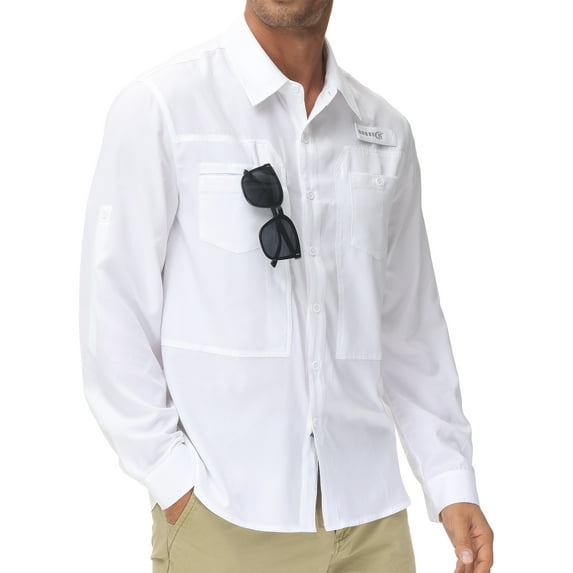 Weilanxin Men's Sun Protection Fishing Shirts Long Sleeve Travel Work Shirts for Men UPF50+ Button UP Shirts with Zipper Pockets White M