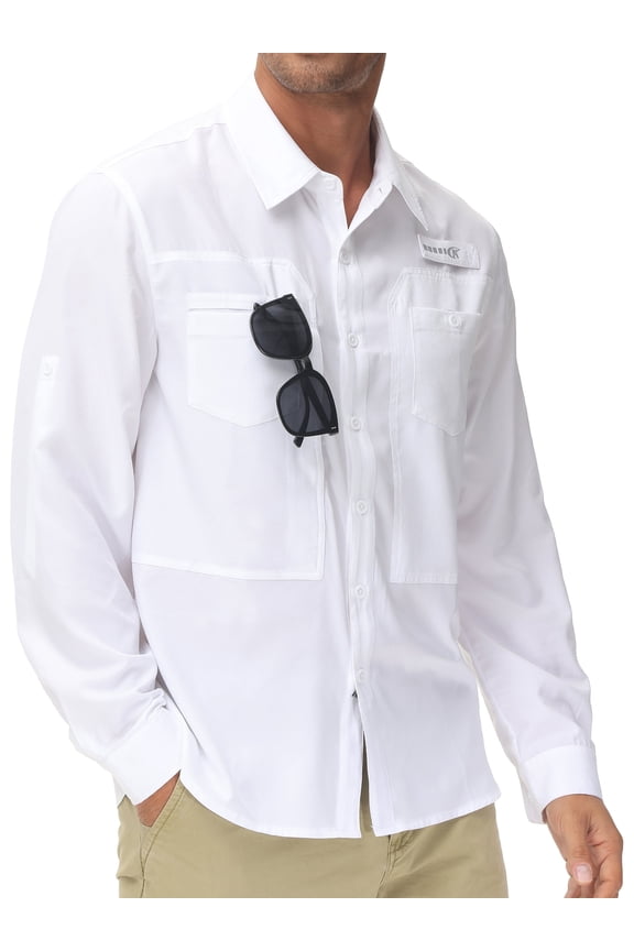 Men's Sun Protection Fishing Shirts Long Sleeve Travel Work Shirts for Men UPF50+ Button UP Shirts with Zipper Pockets White XL
