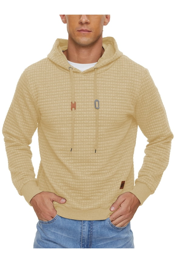 Mens Hooded Sweatshirt Casual Long Sleeve Drawstring Waffle Knit Pullover Hoodies Beige L