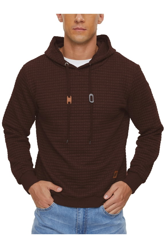 Mens Hooded Sweatshirt Casual Long Sleeve Drawstring Waffle Knit Pullover Hoodies Coffee L