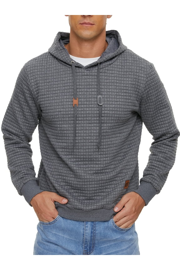 Mens Hooded Sweatshirt Casual Long Sleeve Drawstring Waffle Knit Pullover Hoodies Deepgrey XL