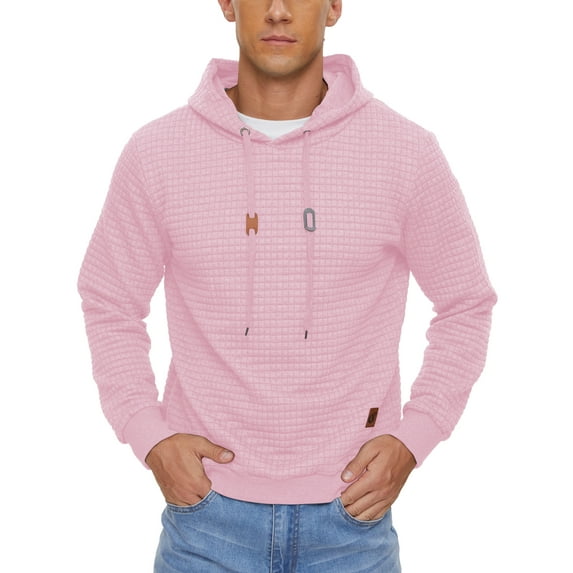 Weilanxin Mens Hooded Sweatshirt Casual Long Sleeve Drawstring Waffle Knit Pullover Hoodies Pink S