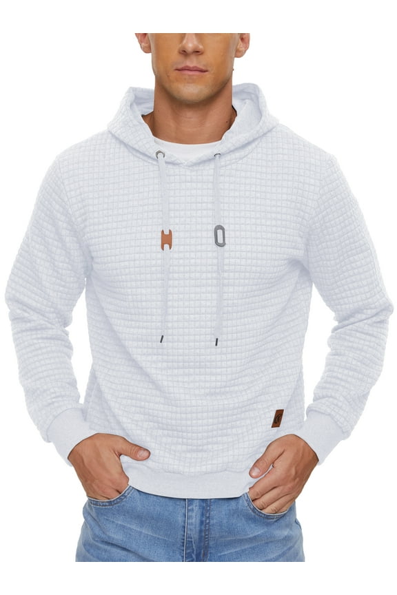 Mens Hooded Sweatshirt Casual Long Sleeve Drawstring Waffle Knit Pullover Hoodies White 2XL