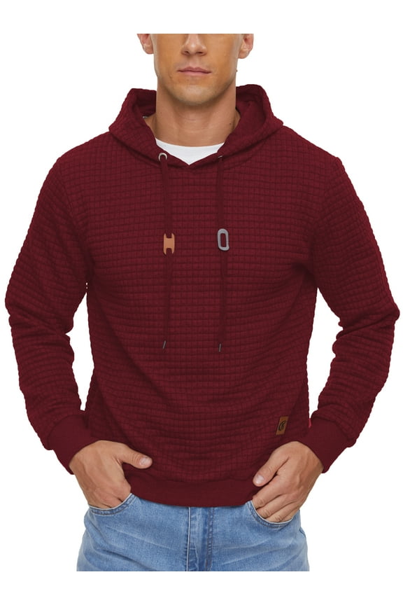 Mens Hooded Sweatshirt Casual Long Sleeve Drawstring Waffle Knit Pullover Hoodies Winered L