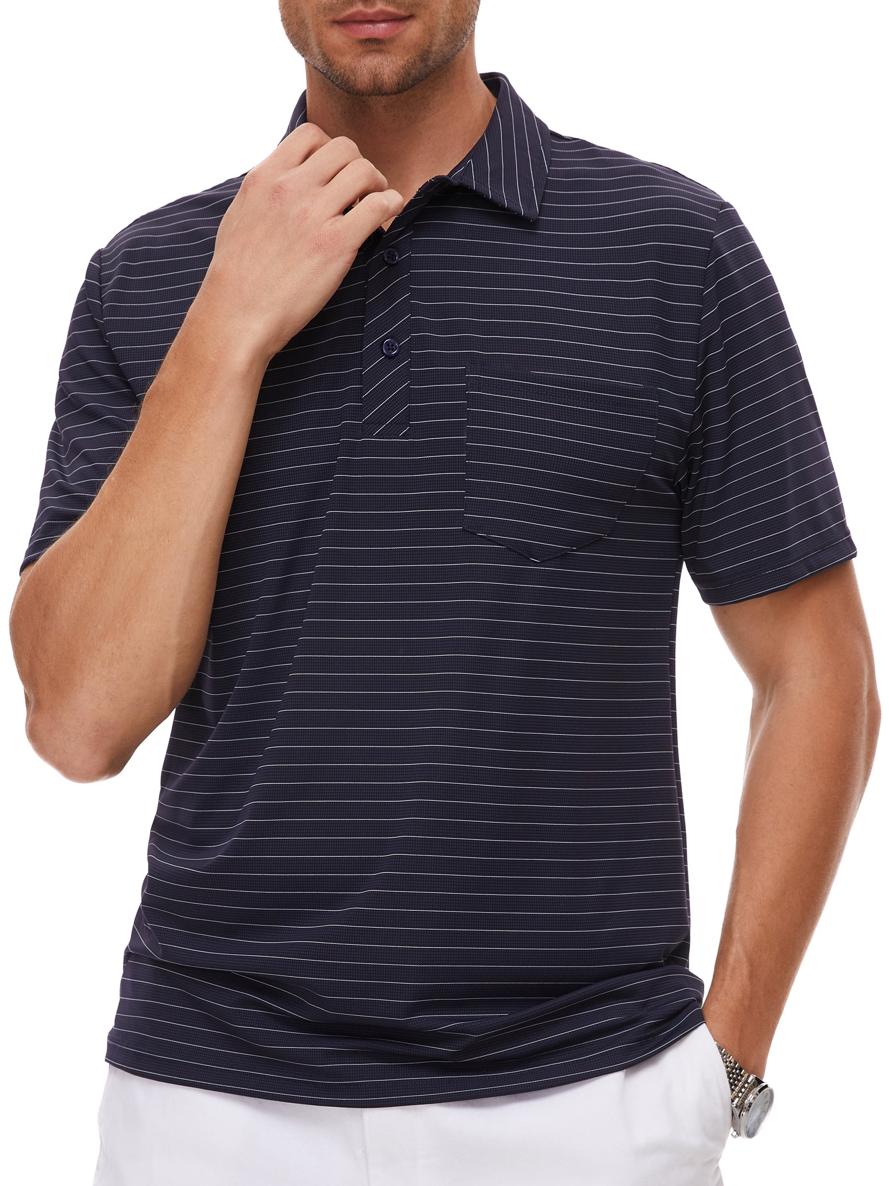 WEILANXIN Store Weilanxin Mens Polo Shirts Short Sleeve Casual Striped Stylish Dry Fit Performance Designed Collared Golf Polo Shirts for Men Dark Blue M