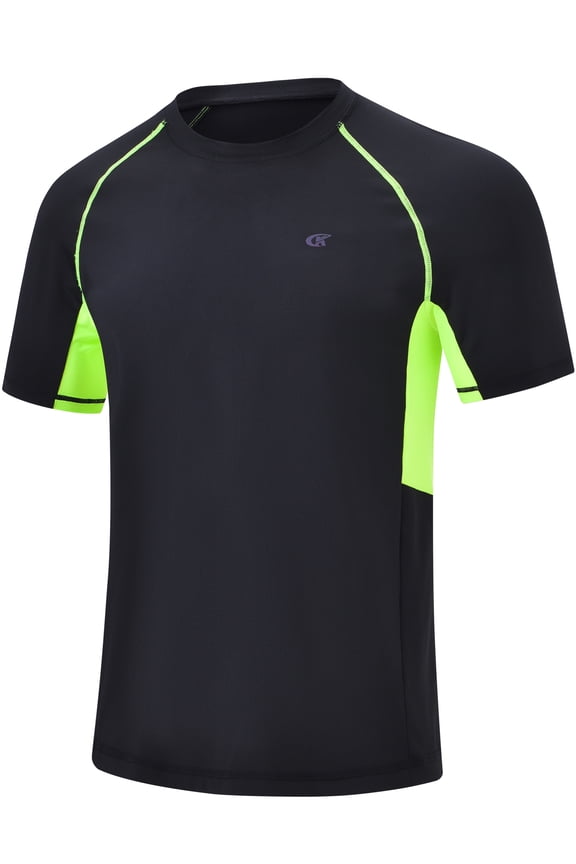 Swim Shirts Short Sleeve for Men Quick Dry Running UPF50+ Sun Protection Rash Guard Top Black+FluorescentGreen S