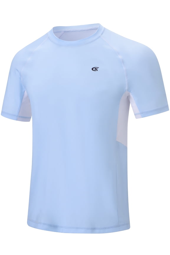 Swim Shirts Short Sleeve for Men Quick Dry Running UPF50+ Sun Protection Rash Guard Top LightBlue+White M