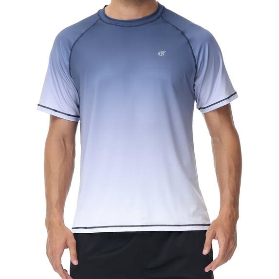 Weilanxin Swim Shirts Short Sleeve for Men Quick Dry Running UPF50+ Sun Protection Rash Guard Top Navy Gradient White L